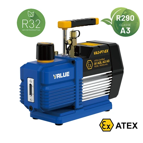 VALUE VA3-P7-EX pompa vuoto ATEX portata 198 litri/minuto, vuoto 15 micron, adatta per refrigeranti A3 (propano R290 e isobutano R600a), A2, A2L e A1 Doppio stadio, motore 3/4 HP - grado di vuoto 2 x10(-2) mbar - 0,02 mbar/2 Pa/15 micron - con valvola di non ritorno