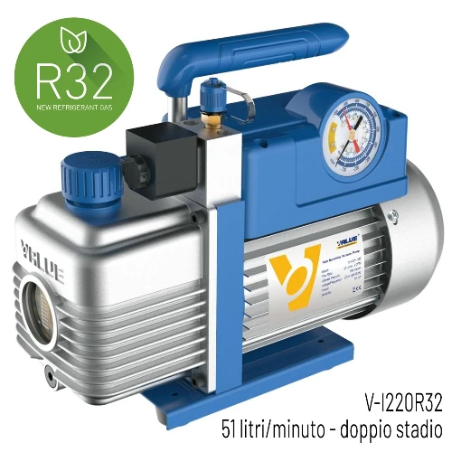 VALUE V-I240-R32 Pompa vuoto doppio stadio, adatta anche per R32 e A2L, portata 100 litri/minuto, motore 1/2 HP, grado di vuoto 2 x10(-2) mbar - 0,02 mbar/2 Pa/15 micron - con elettrovalvola e vacuometro