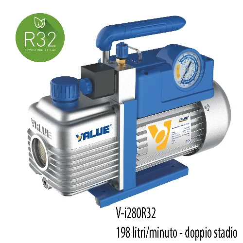 VALUE V-I280-R32 Pompa vuoto doppio stadio, adatta anche per R32 e A2L, portata 198 litri/minuto, motore 1 HP - grado di vuoto 2 x10(-2) mbar - 0,02 mbar/2 Pa/15 micron - con elettrovalvola e vacuometro