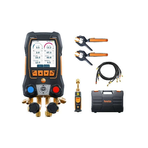Testo 558s - Manifold digitale smart con sonde per il vuoto e la temperatura senza fili e kit di 4 flessibili di riempimento