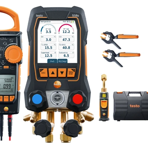 Testo 558s - Manifold digitale smart con pinza amperometrica e sonde per il vuoto e la temperatura senza fili