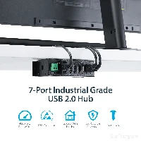 StarTech.com 7-Port USB 2.0 Hub - Metal Industrial USB-A Hub with ESD Protection & 350W Surge Protection - Din Rail, Wall or Desk Mountable - TAA Compliant USB Expander Hub, USB 2.0 Type-B, USB 2.0, 480 Mbit/s, Black, Steel, CE, FCC, RoHS, REACH, TAA