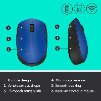 Logitech M171 Wireless Mouse, Ambidextrous, Optical, RF Wireless, 1000 DPI, Blue