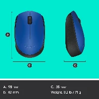 Logitech M171 Wireless Mouse, Ambidextrous, Optical, RF Wireless, 1000 DPI, Blue