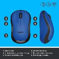 Logitech M220 Silent, Ambidextrous, Optical, RF Wireless, 1000 DPI, Black, Blue