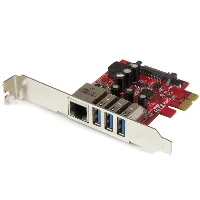 StarTech.com 3-Port PCI Express USB 3.0 Card + Gigabit Ethernet, Internal, Wired, PCI Express, Ethernet, 5000 Mbit/s, Metallic, Red