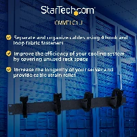 StarTech.com Cable Management Panel with Hook and Loop Strips for Server Racks - 1U, Cable management panel, Black, Steel, 1U, CE, 482 mm