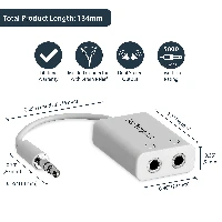 StarTech.com White Slim Mini Jack Headphone Splitter Cable Adapter - 3.5mm Male to 2x 3.5mm Female, White, 3.5mm, 2 x 3.5mm, Male, Female, 0.152 m