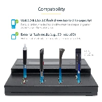 StarTech.com Standalone 1 to 7 USB Flash Drive Duplicator/Cloner / Eraser, Multiple USB Thumb Drive Copier / Sanitizer, System File / Sector-by-Sector Copy, 1.5 GB/min, 3-Pass Erase, LCD (USBDUPE17) StarTech.com Standalone 1 to 7 USB Thumb Drive Duplicator and Eraser, Multiple USB Flash Drive Copier, System and File and Whole-Drive Copy at 1.5 GB/min, Single and 3-Pass Erase, LCD Display. Power consumption (typical) 108 W, AC input voltage 100 - 240 V, Input current 1.6 A. Dimensions (WxDxH