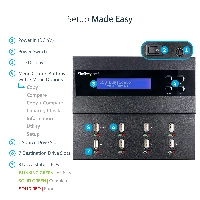 StarTech.com Standalone 1 to 7 USB Flash Drive Duplicator/Cloner / Eraser, Multiple USB Thumb Drive Copier / Sanitizer, System File / Sector-by-Sector Copy, 1.5 GB/min, 3-Pass Erase, LCD (USBDUPE17) StarTech.com Standalone 1 to 7 USB Thumb Drive Duplicator and Eraser, Multiple USB Flash Drive Copier, System and File and Whole-Drive Copy at 1.5 GB/min, Single and 3-Pass Erase, LCD Display. Power consumption (typical) 108 W, AC input voltage 100 - 240 V, Input current 1.6 A. Dimensions (WxDxH