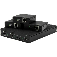StarTech.com 3 Way HDMI Splitter - HDBaseT Extender Kit w/ 3 Receivers - 1x3 HDMI over CAT5e / CAT6 Splitter - 3 Port HDBaseT HDMI Extender - Up to 4K (ST124HDBT) StarTech.com 3-Port HDBaseT Extender Kit with 3 Receivers - 1x3 HDMI over CAT5e Splitter - Up to 4K. Type AV transmitter & receiver, Maximum resolution 4096 x 2160 pixels, Cable types supported Cat5e, Cat6, Cat7. AC input voltage 100 - 240 V, Operating voltage 24 V, Input current 1.5 A. Width 145 mm, Depth 200 mm, Height 30 