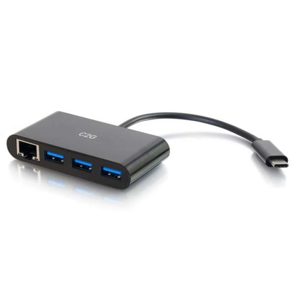 C2G USB C Ethernet and 3-Port USB Hub - Black - Hub - 3 Ports, USB 3.2 Gen 1 (3.1 Gen 1) Type-C, RJ-45, USB 3.2 Gen 1 (3.1 Gen 1) Type-A, 5000 Mbit/s, Black, Polyvinyl chloride (PVC), RoHS, CE