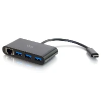 C2G USB C Ethernet and 3-Port USB Hub - Black - Hub - 3 Ports, USB 3.2 Gen 1 (3.1 Gen 1) Type-C, RJ-45, USB 3.2 Gen 1 (3.1 Gen 1) Type-A, 5000 Mbit/s, Black, Polyvinyl chloride (PVC), RoHS, CE