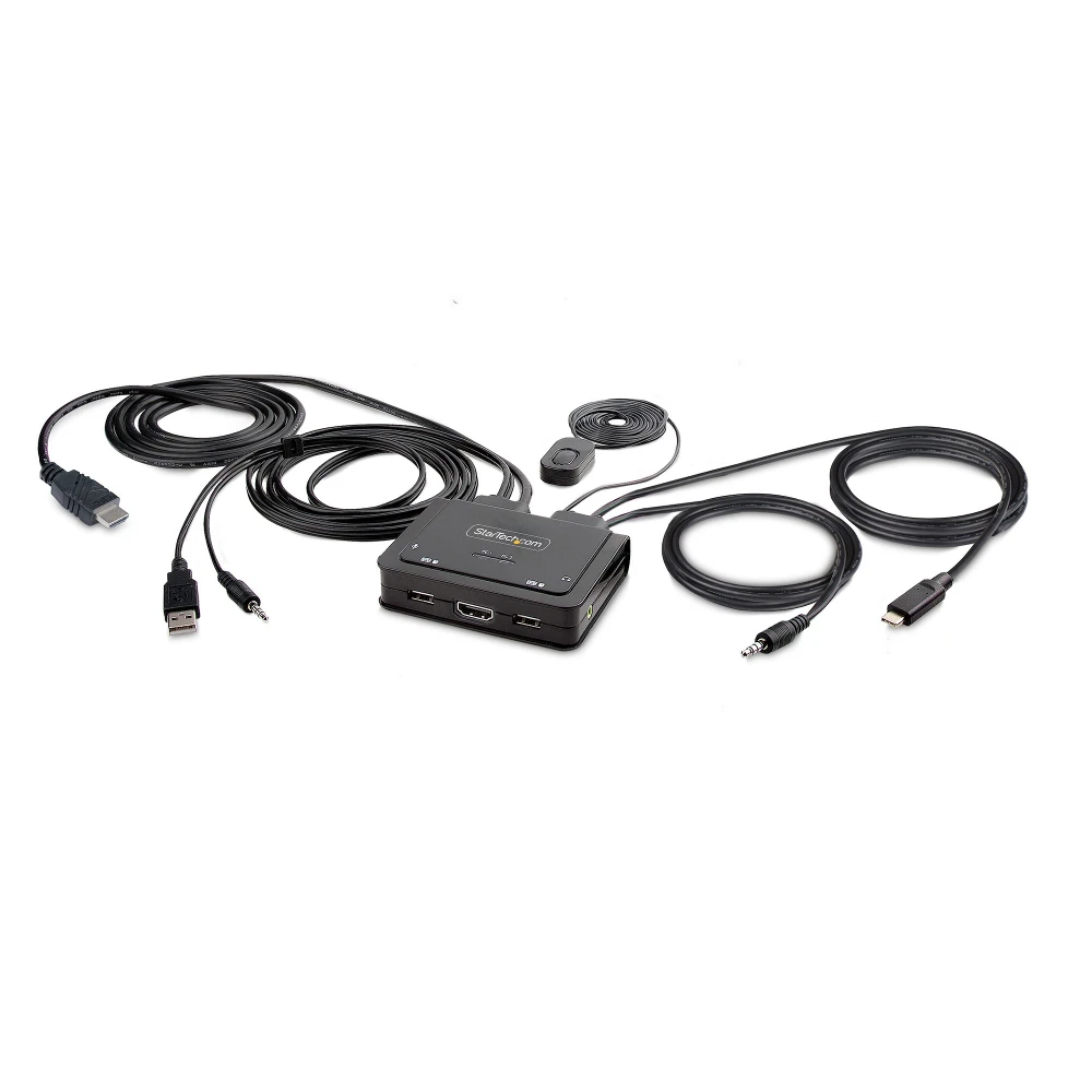 StarTech.com 2-Port Hybrid USB-C HDMI Cable KVM Switch, 4K 60Hz, Compact KVM with 6ft/1.8m USB-A/HDMI/Audio & 4ft/1.2m USB-C Integrated Host Cables, Bus Powered - Remote Push Button/Hotkey Switching (C2-H46-UAC-CBL-KVM) - Switch KVM / audio / USB - compat