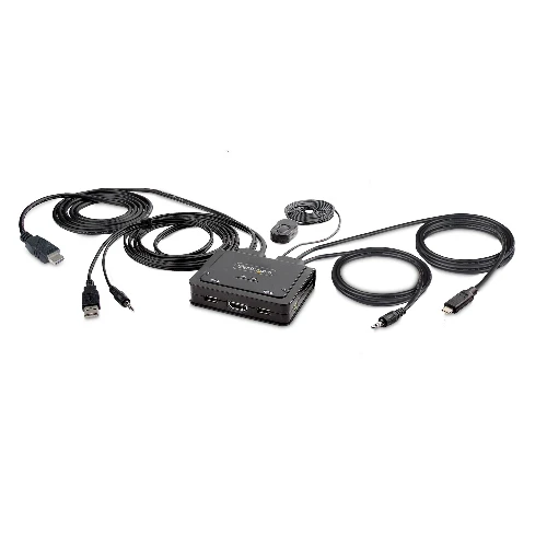 StarTech.com 2-Port Hybrid USB-C HDMI Cable KVM Switch, 4K 60Hz, Compact KVM with 6ft/1.8m USB-A/HDMI/Audio & 4ft/1.2m USB-C Integrated Host Cables, Bus Powered - Remote Push Button/Hotkey Switching (C2-H46-UAC-CBL-KVM) - Switch KVM / audio / USB - compat
