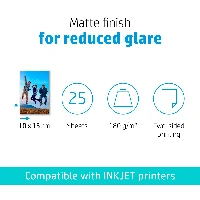 HP Matte Photo Paper, 180 g/m2, 10 x 15 cm (101 x 152 mm), 25 sheets, Matt, 180 g/m, 10x15 cm, White, 25 sheets, Home