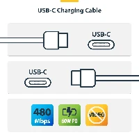 StarTech.com 1m (3.3ft) White USB-C Charging Cable, USB C Cable, USB 2.0 Type-C Laptop Charger Cord, 60W 3A Power Delivery, TPE Jacket, USB-C Data Transfer Cable, M/M, 1 m, USB C, USB C, USB 2.0, 0.48 Gbit/s, White