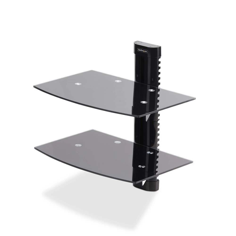 StarTech.com Dual Floating Wall-Mounted AV Shelves, Adjustable Height Shelf For Under TV, Organize A/V Equipment On Black Tempered Glass Shelves, Black, Glass, 7 kg, Aluminium, Plastic, Steel, Wall, 2 shelves