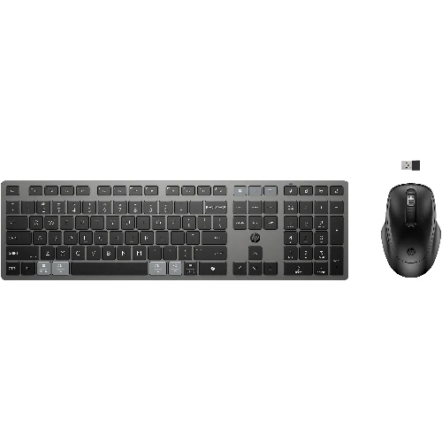 HP 725 Multi-Device Rechargeable Wireless Keyboard and Mouse Combo, Full-size (100%), Wireless, RF Wireless + Bluetooth, Scissor key switch, Black, Mouse included