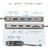 StarTech.com USB-C Triple-Monitor Multiport Adapter, Dual 4K 60Hz + 4K 30Hz HDMI & DisplayPort, 4-Port USB Hub, 100W PD Pass-Through, GbE, SD/MicroSD Card Readers, Wired, USB 3.2 Gen 1 (3.1 Gen 1) Type-C, 100 W, 2.0b, 10,100,1000 Mbit/s, IEEE 802.3, IEEE 802.3ab, IEEE 802.3u