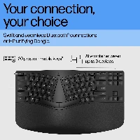 HP 965 Ergonomic Wireless Keyboard, Full-size (100%), Wireless, RF Wireless + Bluetooth, Membrane, QWERTY, Black