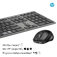 HP 725 Multi-Device Rechargeable Wireless Keyboard and Mouse Combo, Full-size (100%), Wireless, RF Wireless + Bluetooth, Scissor key switch, Black, Mouse included