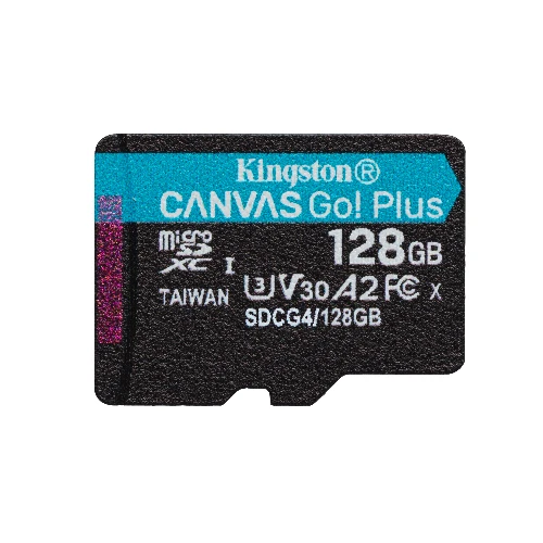 Kingston Technology 128GB microSDXC Canvas Go Plus Gen4 200R A2 U3 Single Pack w/o ADP, 128 GB, MicroSD, Class 10, UHS-I, 200 MB/s, 100 MB/s