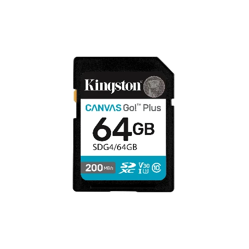 Kingston Technology Canvas Go Plus 64GB SDXC Canvas Go Plus Gen4 200MB/s C10 UHS-I U3 V30, 64 GB, SDXC, Class 10, UHS-I, 200 MB/s, 100 MB/s