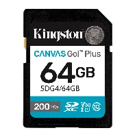 Kingston Technology Canvas Go Plus 64GB SDXC Canvas Go Plus Gen4 200MB/s C10 UHS-I U3 V30, 64 GB, SDXC, Class 10, UHS-I, 200 MB/s, 100 MB/s