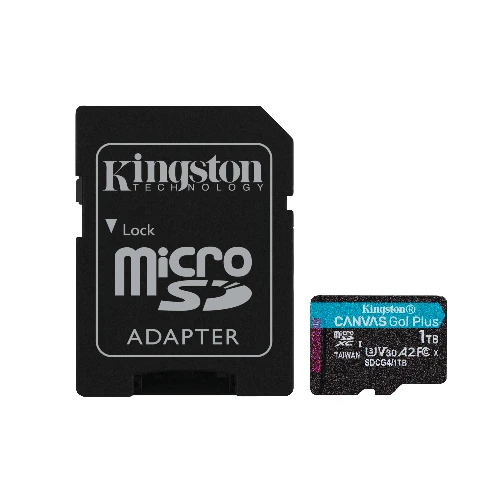 Kingston Technology 1TB microSDXC Canvas Go Plus Gen4 200MB/s A2 U3 V30 Card + Adapter, 1 TB, MicroSD, Class 10, UHS-I, 200 MB/s, 160 MB/s