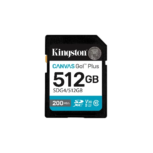 Kingston Technology Canvas Go Plus 512GB SDXC Canvas Go Plus Gen4 200MB/s C10 UHS-I U3 V30, 512 GB, SDXC, Class 10, UHS-I, 200 MB/s, 160 MB/s