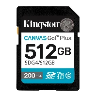 Kingston Technology Canvas Go Plus 512GB SDXC Canvas Go Plus Gen4 200MB/s C10 UHS-I U3 V30, 512 GB, SDXC, Class 10, UHS-I, 200 MB/s, 160 MB/s