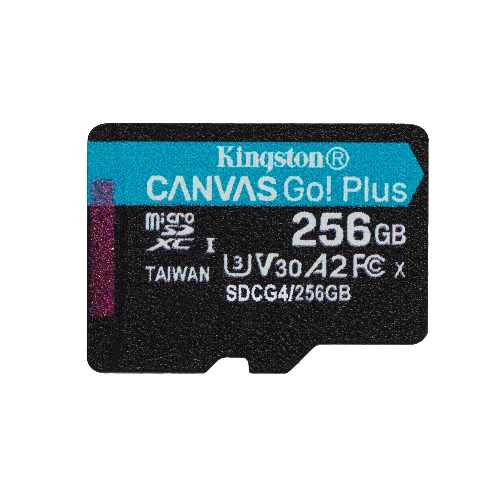 Kingston Technology 256GB microSDXC Canvas Go Plus Gen4 200R A2 U3 Single Pack w/o ADP, 256 GB, MicroSD, Class 10, UHS-I, 200 MB/s, 160 MB/s