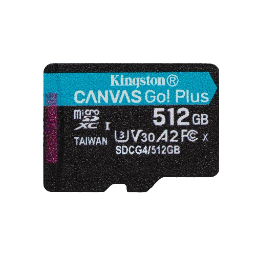 Kingston Technology 512GB microSDXC Canvas Go Plus Gen4 200R A2 U3 Single Pack w/o ADP, 512 GB, MicroSD, Class 10, UHS-I, 200 MB/s, 160 MB/s