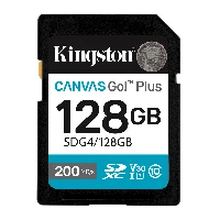 Kingston Technology Canvas Go Plus 128GB SDXC Canvas Go Plus Gen4 200MB/s C10 UHS-I U3 V30, 128 GB, SDXC, Class 10, UHS-I, 200 MB/s, 100 MB/s
