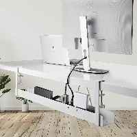 StarTech.com Under Desk Cable Management Tray, Length Adjustable Cable Organizer, Clamp-On Installation, No Drilling Required, Power Bar Holder, White, Cable tray, Desk, Steel, White