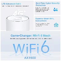 TP-Link 4G+ AX1500 Whole Home Mesh WiFi 6 Gateway, White, Internal, Mesh router, 190 m, Dual-band (2.4 GHz / 5 GHz), Wi-Fi 6 (802.11ax)