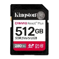 Kingston Technology 512GB Canvas React Plus SDXC UHS-II 280R/150W U3 V60 for Full HD/4K, 512 GB, SDXC, Class 10, UHS-II, 280 MB/s, 150 MB/s
