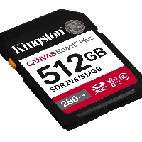 Kingston Technology 512GB Canvas React Plus SDXC UHS-II 280R/150W U3 V60 for Full HD/4K, 512 GB, SDXC, Class 10, UHS-II, 280 MB/s, 150 MB/s