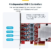 StarTech.com 4-Port USB Type-C PCIe Card, USB 3.2 10Gbps, USB-C PCI Express Expansion Card, 4x Independent USB Controllers, Windows/Linux/macOS, TAA-Compliant, PCIe, USB Type-C, PCI 3.0, Red, ASMedia - ASM3142 x4, ASMedia - ASM1543 x4, ASMedia - ASM2812X, 10 Gbit/s