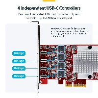 StarTech.com 4-Port USB Type-C PCIe Card, USB 3.2 10Gbps, USB-C PCI Express Expansion Card, 4x Independent USB Controllers, Windows/Linux/macOS, TAA-Compliant, PCIe, USB 3.2 Gen 2 (3.1 Gen 2), PCI 3.0, SATA 15-pin, Red, ASMedia - ASM3142 x4, ASMedia - ASM1543 x4, ASMedia - ASM2812X