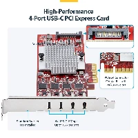 StarTech.com 4-Port USB Type-C PCIe Card, USB 3.2 10Gbps, USB-C PCI Express Expansion Card, 4x Independent USB Controllers, Windows/Linux/macOS, TAA-Compliant, PCIe, USB 3.2 Gen 2 (3.1 Gen 2), PCI 3.0, SATA 15-pin, Red, ASMedia - ASM3142 x4, ASMedia - ASM1543 x4, ASMedia - ASM2812X