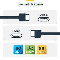 StarTech.com 1.5ft (50cm) Thunderbolt 5 Cable, 80Gbps/Up to 120Gbps, 240W PD, 8K 60Hz, Certified Thunderbolt Cable - Compatible w/Thunderbolt 4/USB4/USB-C, Male, Male, 0.5 m, Black, Nickel, 80 Gbit/s