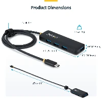 StarTech.com 4-Port USB-C Hub, 5Gbps, Bus Powered, USB-C to 4x USB-A Mini Hub, Extra Long 2ft/61cm Host Cable, PCR Plastic, Portable Desktop / Laptop USB Hub, USB 3.2 Gen 1 (3.1 Gen 1) Type-C, USB 3.2 Gen 1 (3.1 Gen 1) Type-A, 5000 Mbit/s, Black, Plastic, Round cable