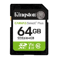 Kingston Technology 64GB SDXC Canvas Select Plus Gen3 100MB/s C10 UHS-I U1 V10, 64 GB, SD, Class 10, UHS-I, 100 MB/s, Class 1 (U1)
