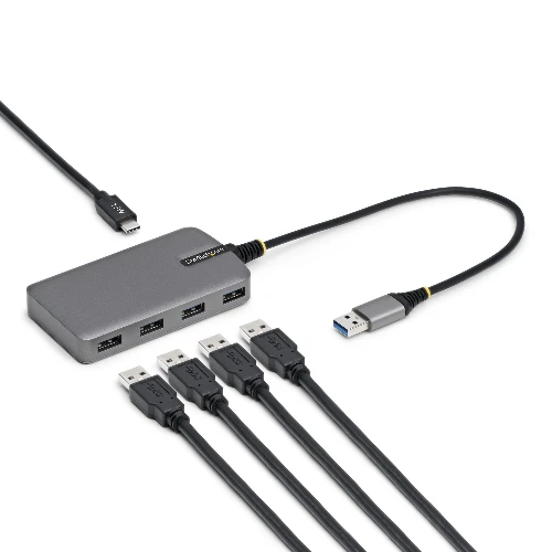 StarTech.com 4-Port USB-A Hub, 5Gbps, Bus Powered, USB-A to 4x USB-A Hub with USB-C Auxiliary Power Input, 1ft/30cm Host Cable, Portable Desktop/Laptop USB Hub, USB 3.2 Gen 1 (3.1 Gen 1) Type-A, USB 3.2 Gen 1 (3.1 Gen 1) Type-A, USB Type-C, 5000 Mbit/s, Grey, Plastic, 0.3 m