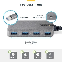StarTech.com 4-Port USB-A Hub, 5Gbps, Bus Powered, USB-A to 4x USB-A Hub with USB-C Auxiliary Power Input, 1ft/30cm Host Cable, Portable Desktop/Laptop USB Hub, USB 3.2 Gen 1 (3.1 Gen 1) Type-A, USB 3.2 Gen 1 (3.1 Gen 1) Type-A, USB Type-C, 5000 Mbit/s, Grey, Plastic, 0.3 m