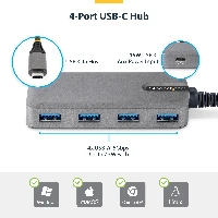 StarTech.com 4-Port USB-C Hub, 5Gbps, Bus Powered, USB C to 4x USB-A Hub with USB-C Auxiliary Power Input, 1ft/30cm Host Cable, Portable Desktop/Laptop USB Hub, USB 3.2 Gen 1 (3.1 Gen 1) Type-C, 5000 Mbit/s, Grey, Plastic, 0.3 m, USB