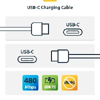 StarTech.com 2m (6.6ft) White USB-C Charging Cable 2-Pack, USB C Cable, USB 2.0 Type-C Laptop Charger Cord, 60W 3A Power Delivery, TPE Jacket, USB-C Data Transfer Cable, M/M, 2 m, USB C, USB C, USB 2.0, 0.48 Gbit/s, White