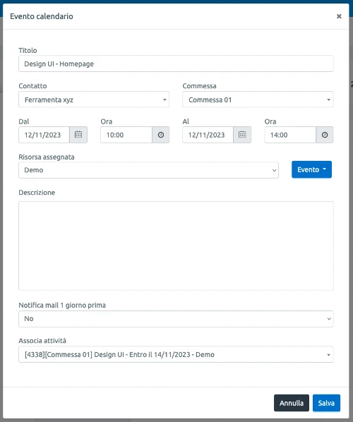 Form di creazione evento di calendario con filtro commessa e selezione attività a cascata